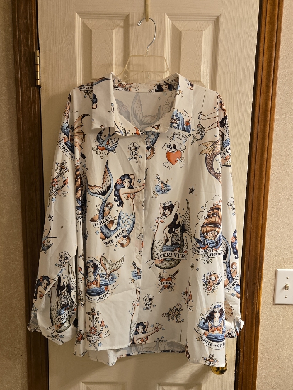 White Tattoo-Print Button-Up Shirt